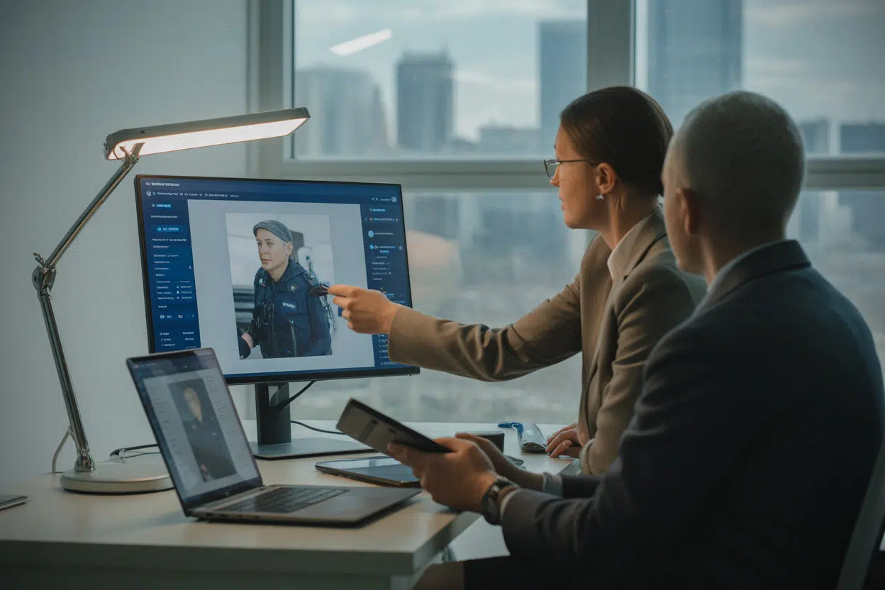 Équipe de communication policière vérifiant une image générée par IA