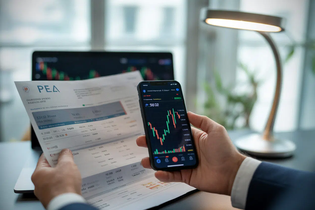 Épargnant consultant son PEA et des ETF sur smartphone