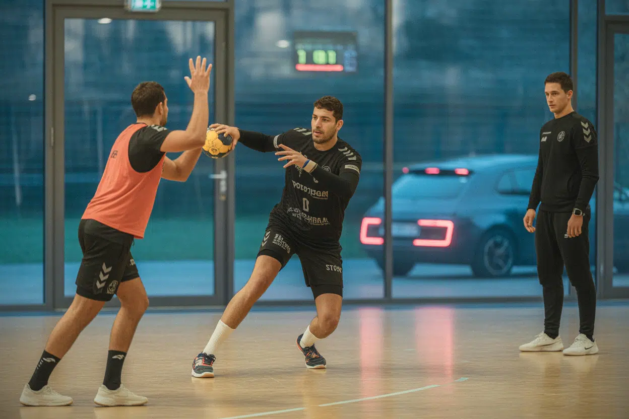 Entraînement de handball à Antibes avec Florent Manaudou sur un parquet moderne