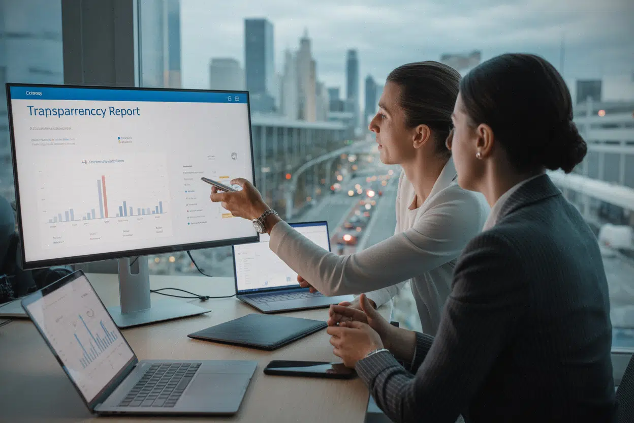 Équipe conformité préparant un rapport de modération pour une plateforme sociale