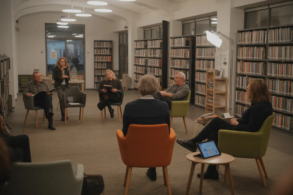 Soirée de contes à la bibliothèque de Mauzac, public installé en cercle