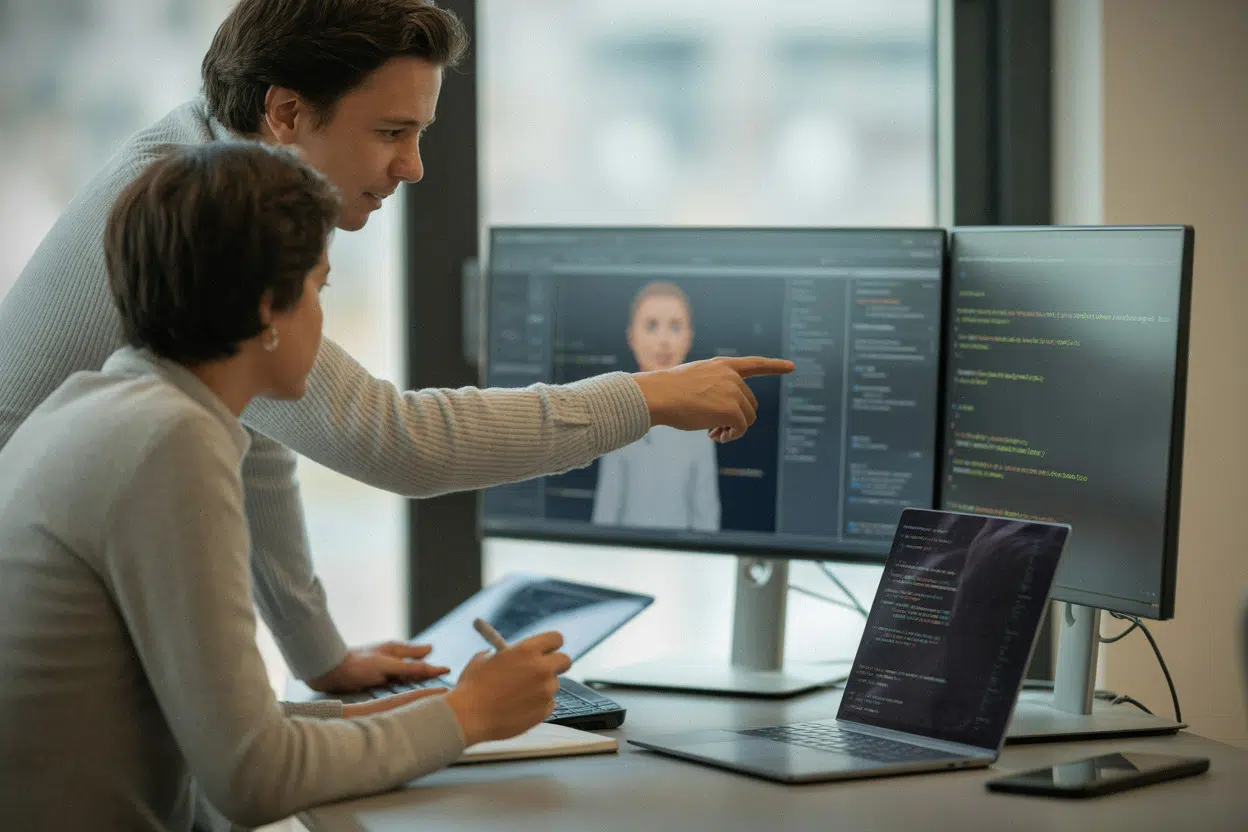 Développeurs au Luxembourg relisant du code généré par IA en équipe