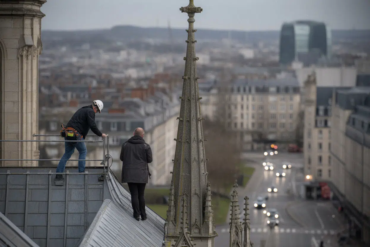 Vue en hauteur sur la flèche de Rouen et les toits