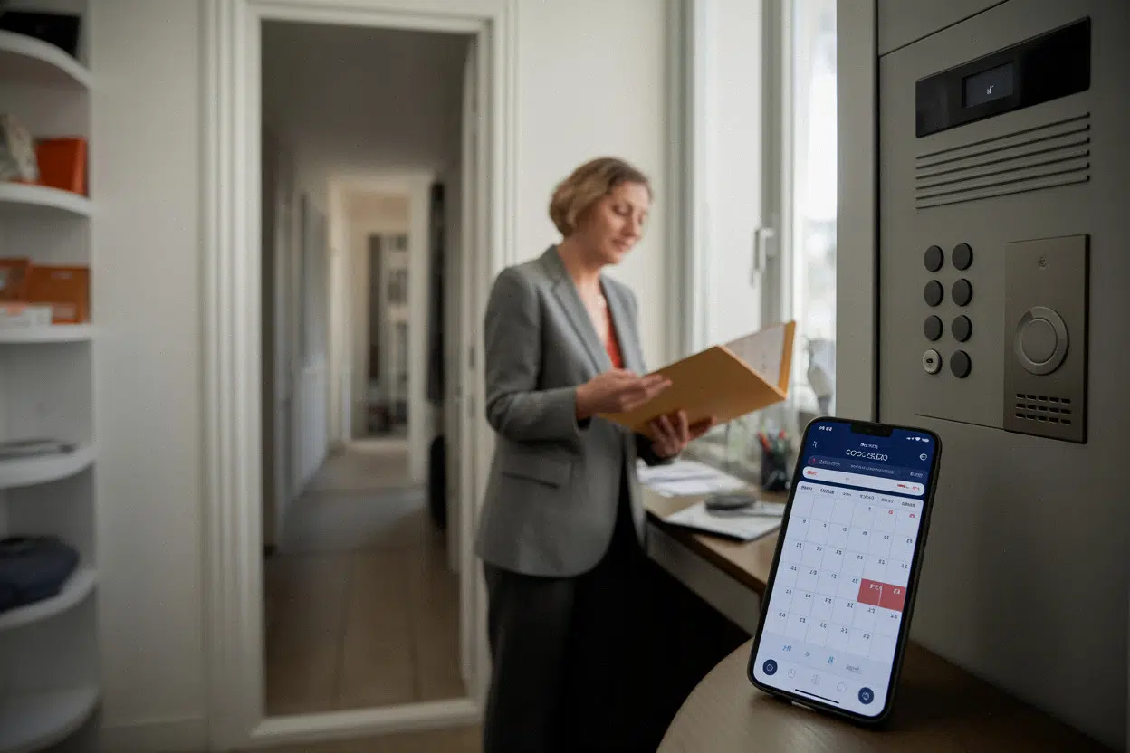 Concierge à Paris examinant des documents de retraite dans sa loge