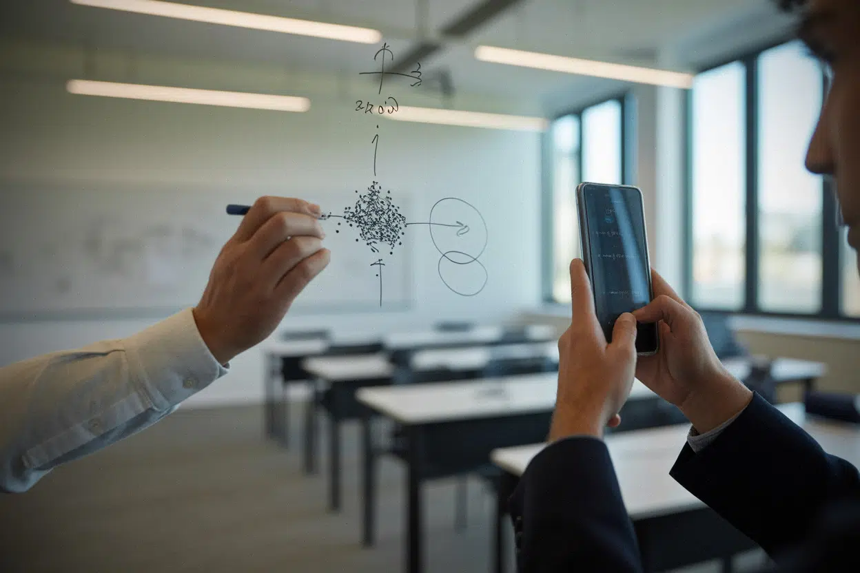 Chercheurs schématisent une construction de points et distances au tableau
