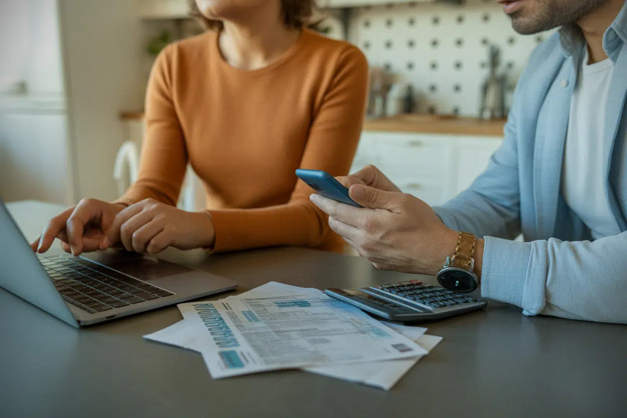 Couple vérifiant le plafond PER sur ordinateur et téléphone à domicile