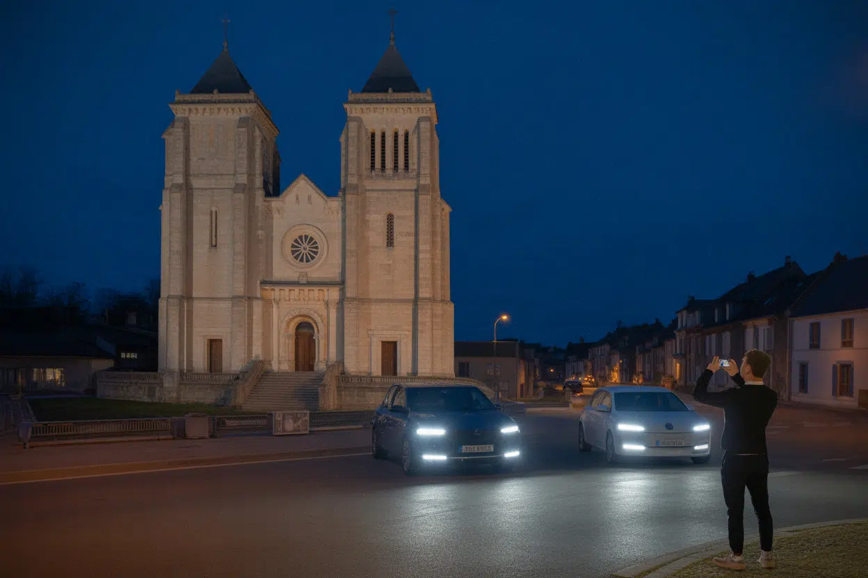 Église de Sainte-Croix illuminée le soir, mise en valeur patrimoniale