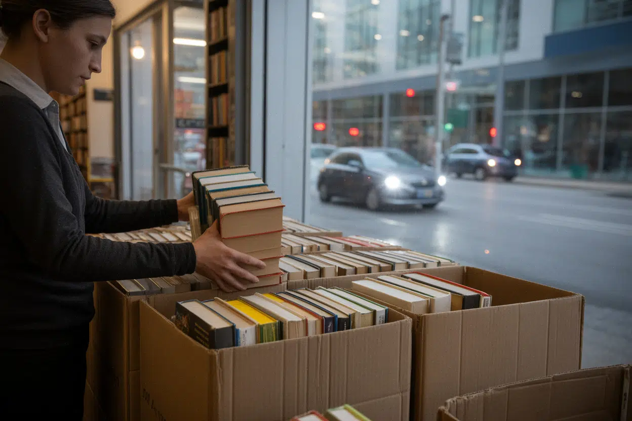 Librairie d’occasion préparant des cartons de livres pour vente en lot