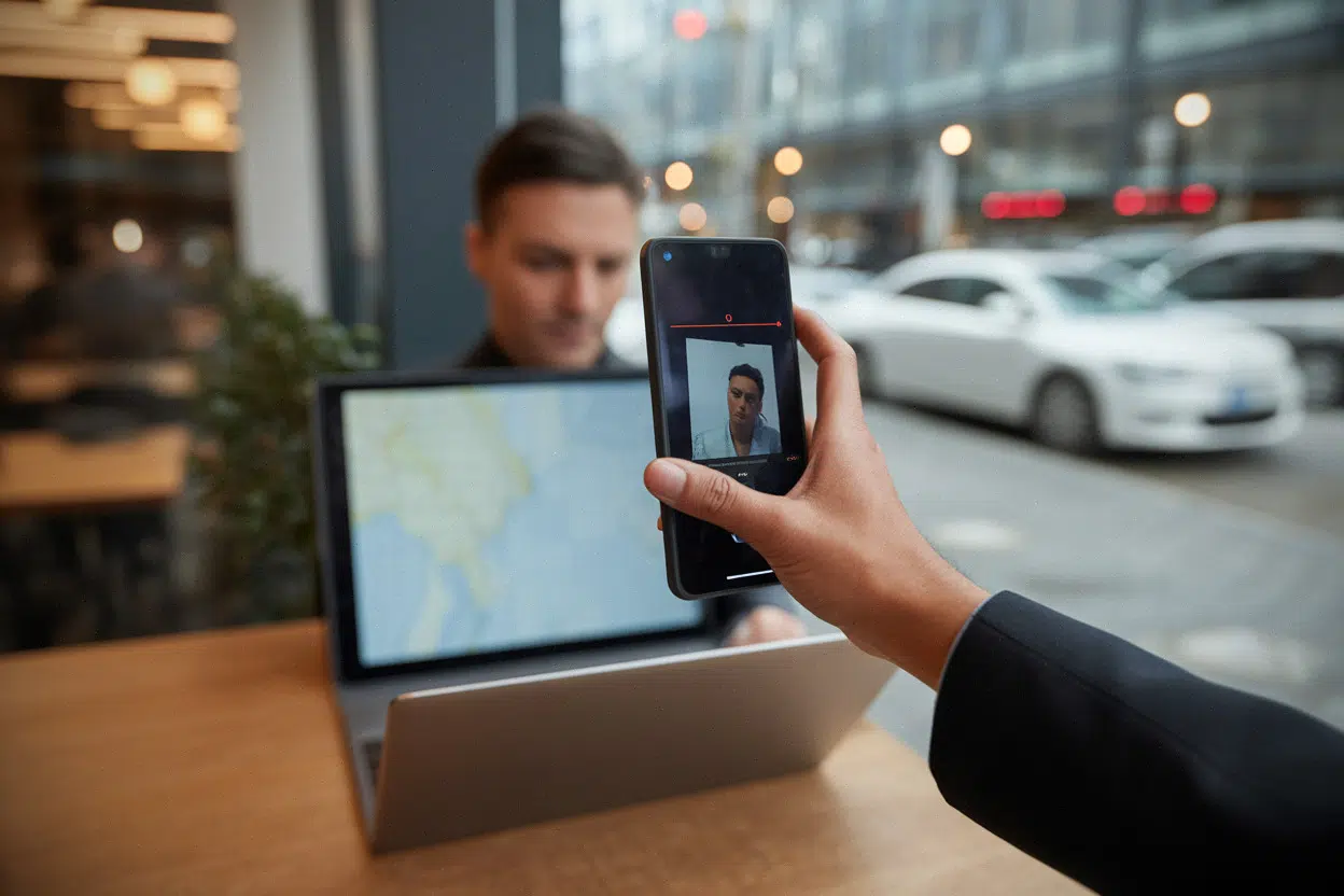 Vérification d’une image sur smartphone, avec recherche visuelle et écran volontairement flouté