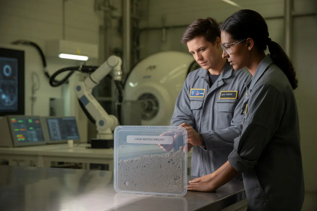 Ingénieurs analysant du régolithe pour extraire aluminium, titane et silicium