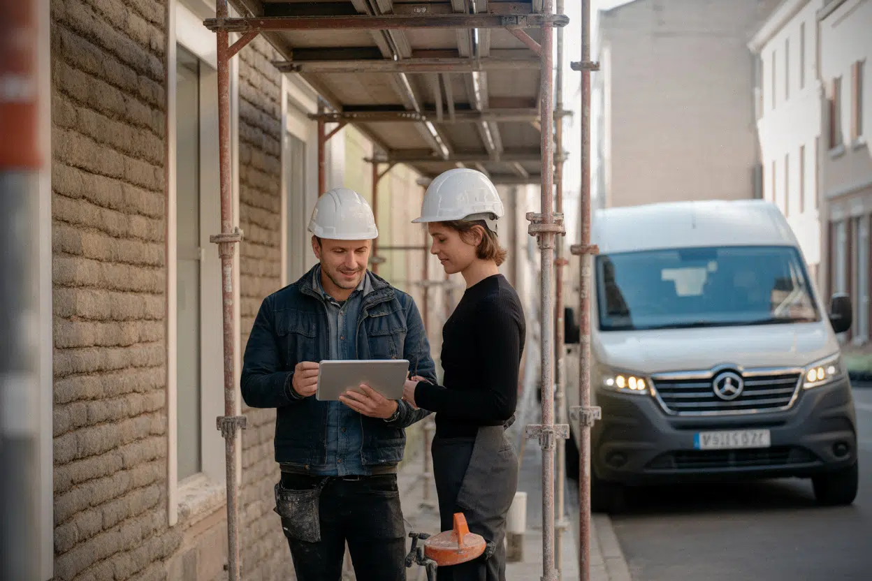 Chantier de rénovation au centre-bourg avec plans et échafaudage