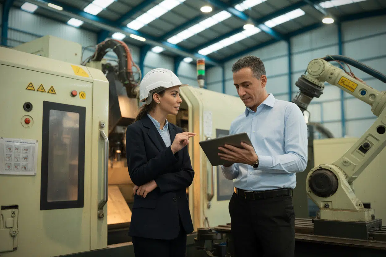 Ingénieure et superviseur dans une usine égyptienne, contrôle qualité sur tablette