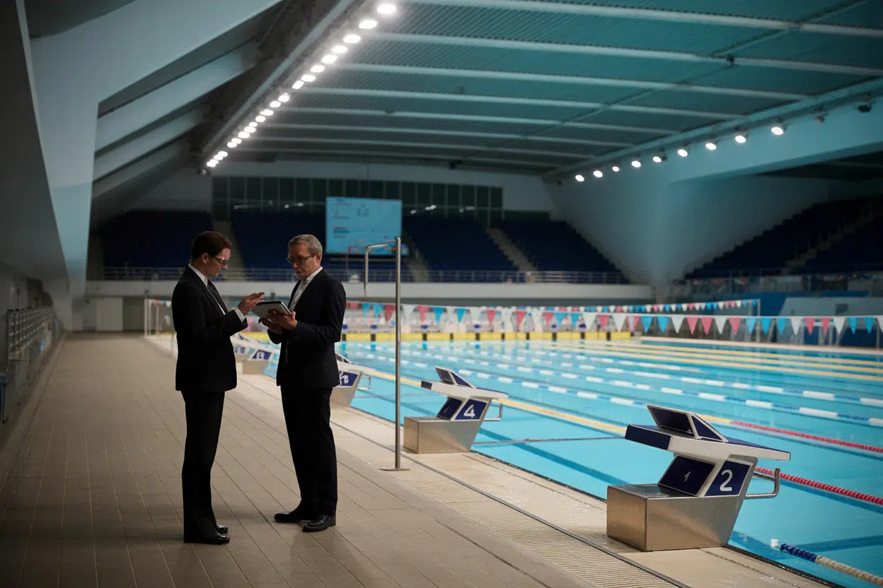 Piscine de compétition à Saint-Denis, officiels consultent un programme sur tablette