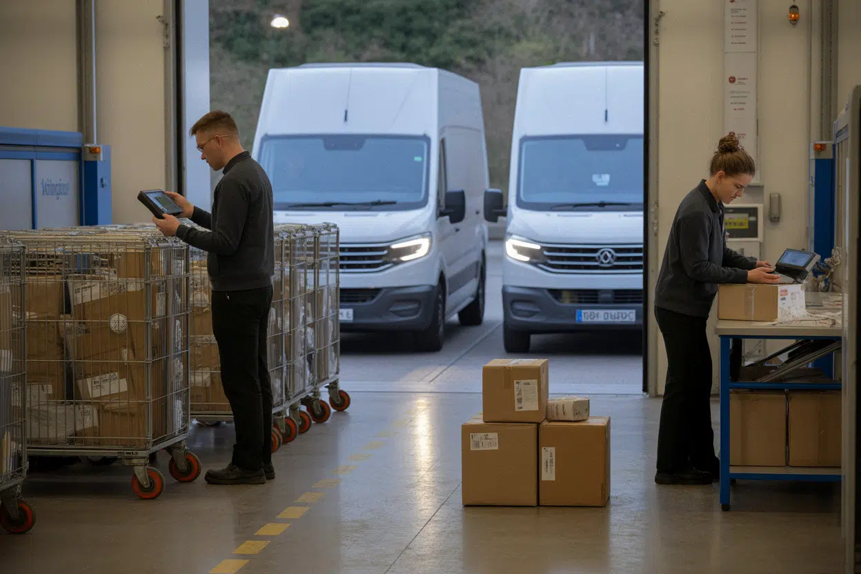 Centre de tri colis et zone retours e-commerce en activité