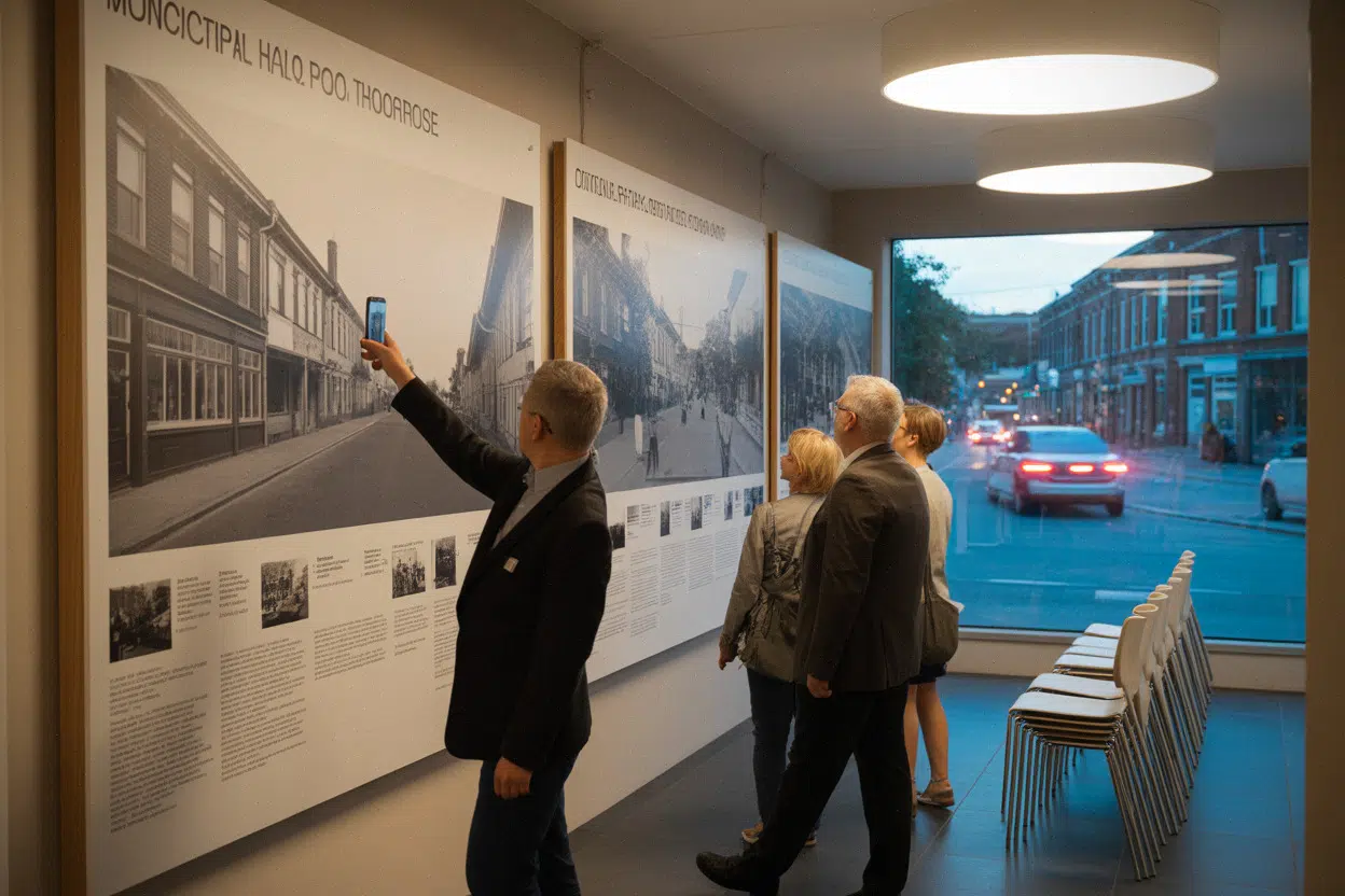 Exposition patrimoniale à Salindres dans la salle Becmil, visiteurs et panneaux.