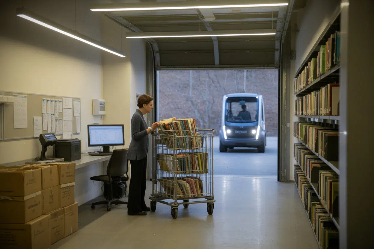 Bibliothèque triant des livres retirés entre don et recyclage