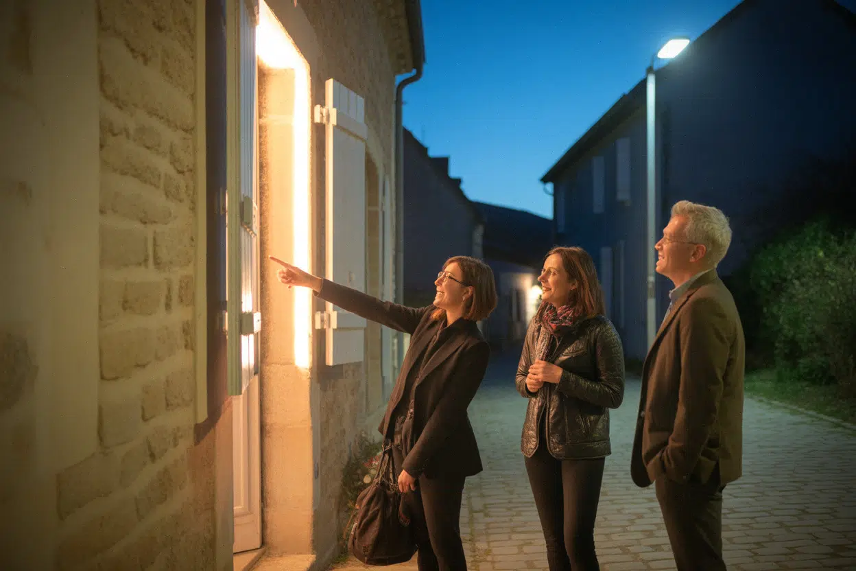 Visite nocturne à Mauzac, guide et participants devant une façade éclairée