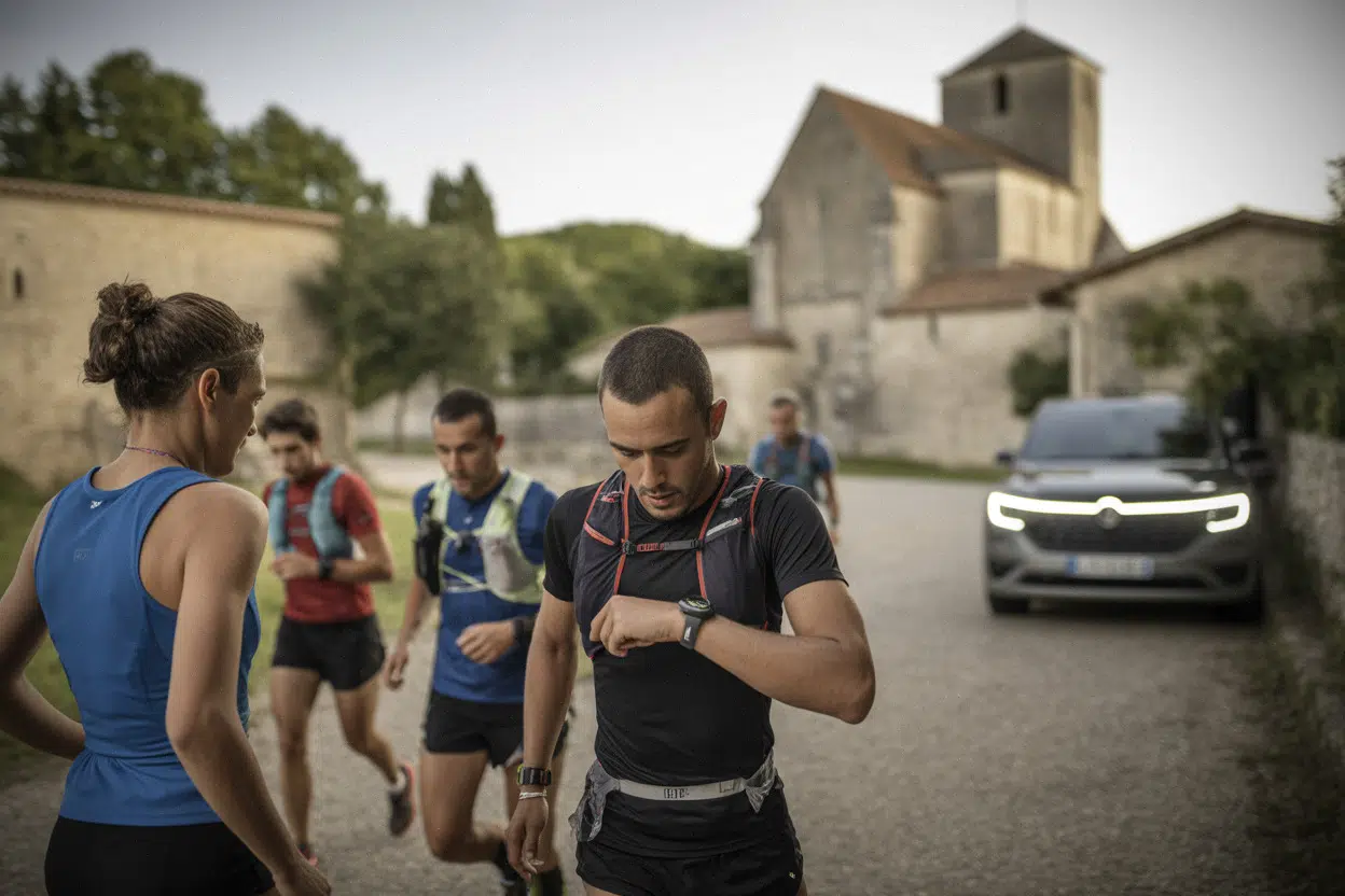 Coureurs du trail du patrimoine devant l’église fortifiée de Saint-Pierre-Toirac