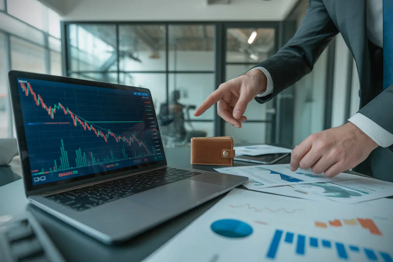 Chute boursière et stratégie Bitcoin, analyse sur ordinateur en bureau moderne