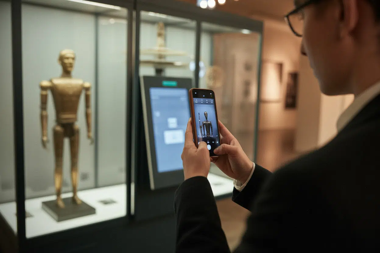 Automate en vitrine et écran interactif dans une exposition sur l’IA