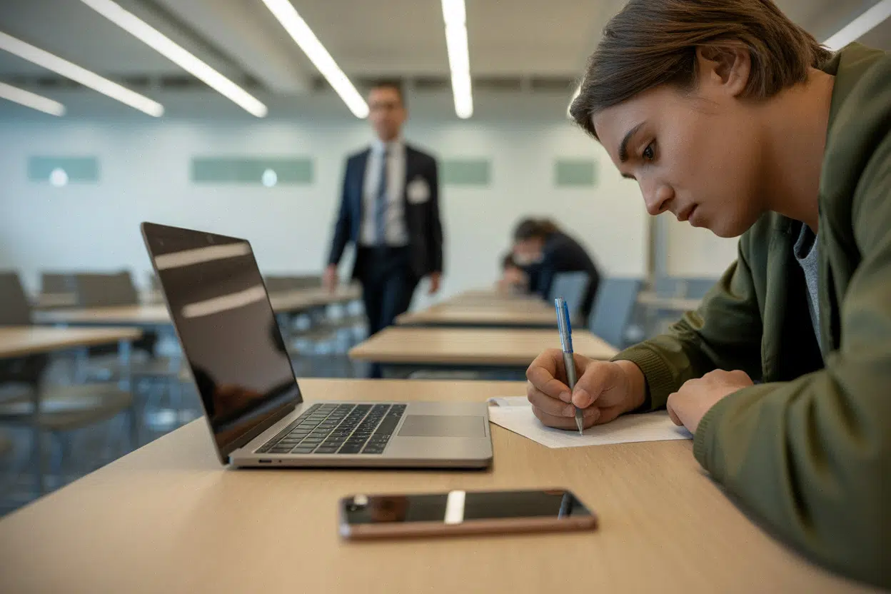 Examen universitaire avec copies papier, smartphones retournés, usage de l’IA encadré