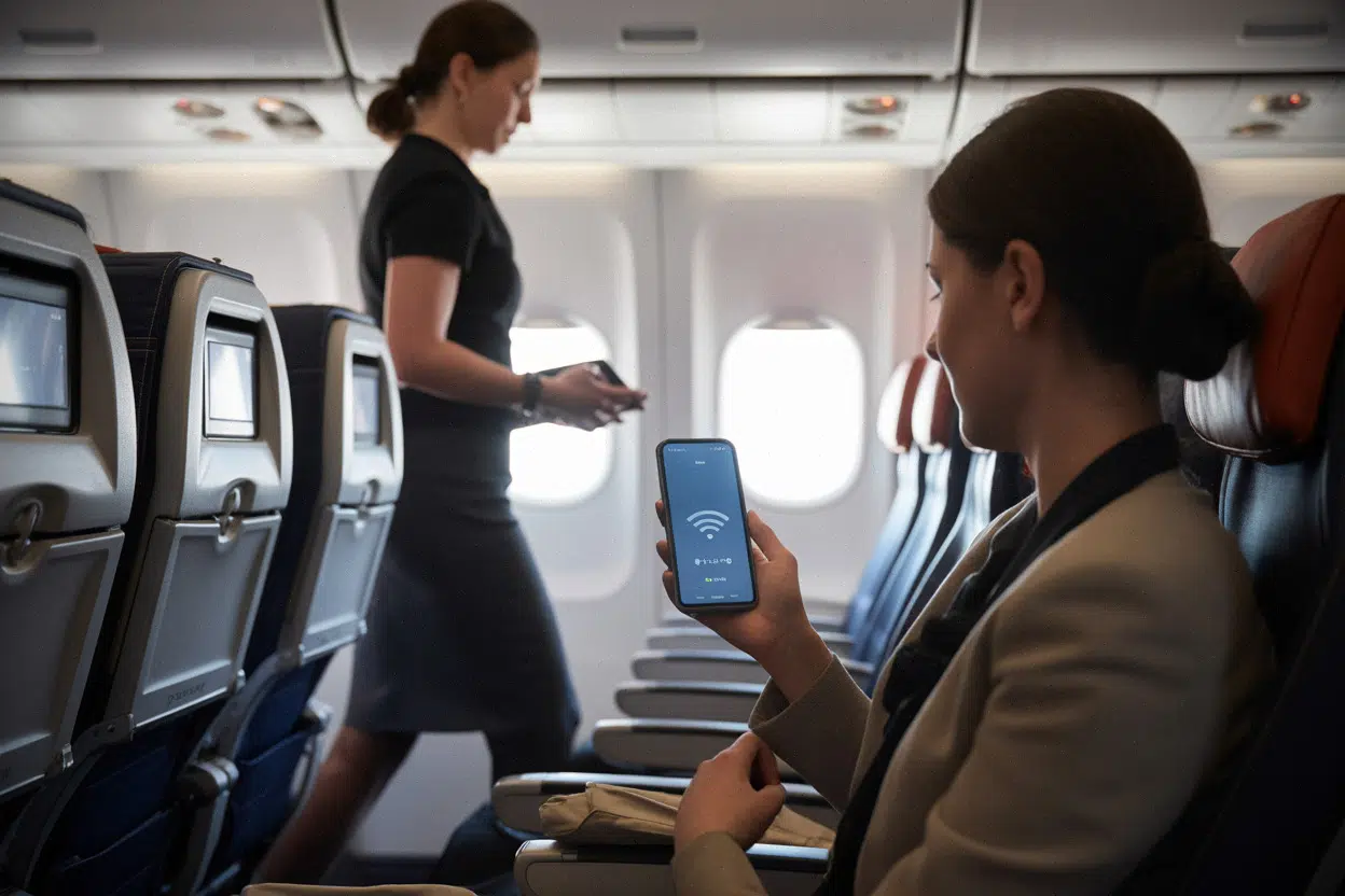 Passager utilisant le Wi-Fi en vol dans une cabine moderne