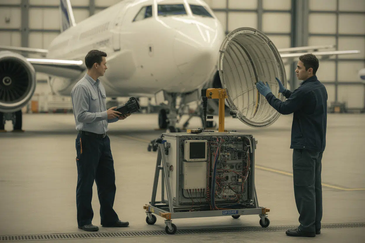 Techniciens installant un équipement satellite sur avion en hangar