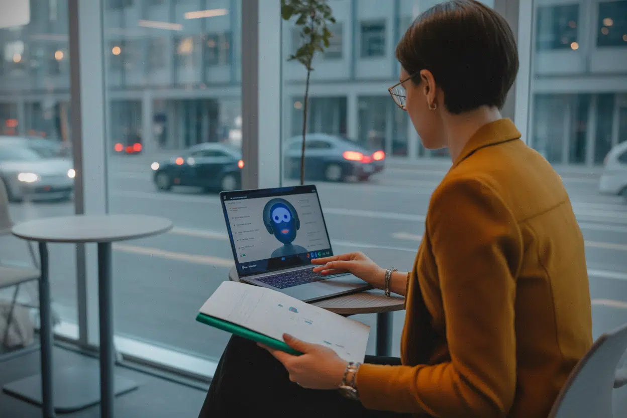 Chercheurs au travail sur IA générative dans un espace contemporain
