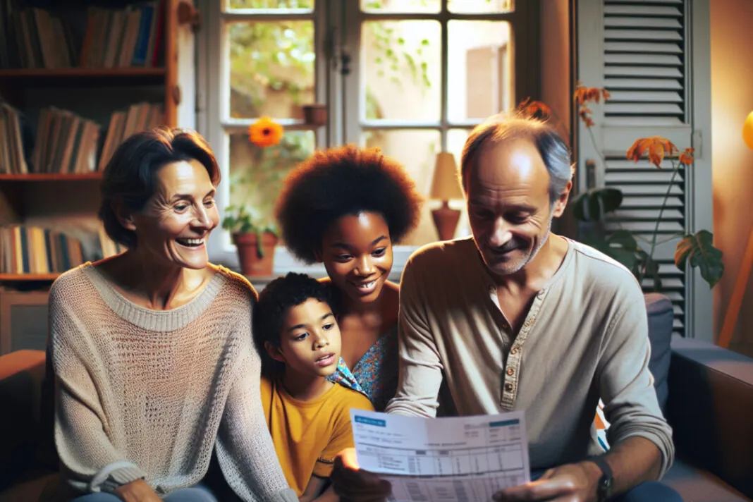 Une famille française regardant sa facture d'électricité avec satisfaction.