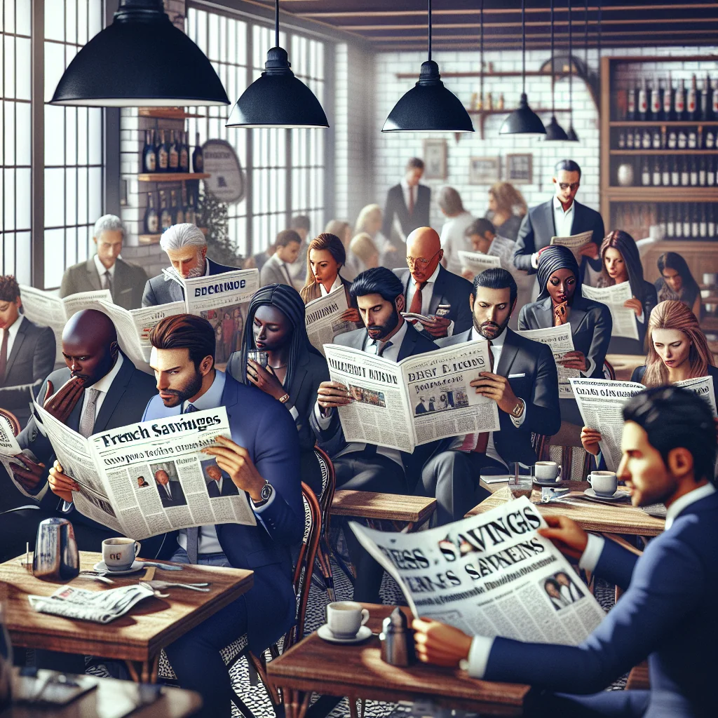 Un café français où les gens lisent des journaux sur l'épargne.