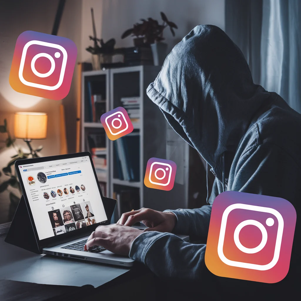 Figure encapuchonnée tapant sur un ordinateur portable avec des logos Instagram.