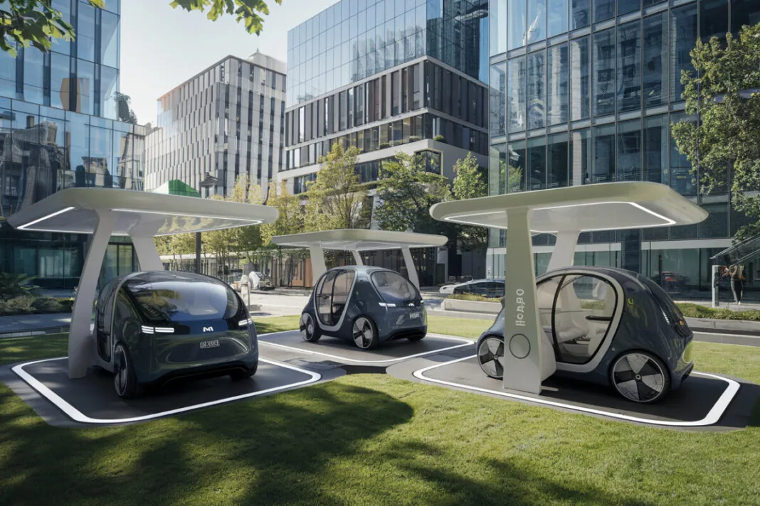 Vue futuriste de Paris avec des voitures électriques autonomes dans une station d'auto-partage.
