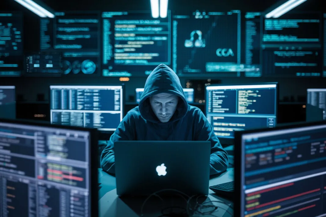 Scène d'une cyberattaque en cours avec un hacker concentré sur un ordinateur portable.