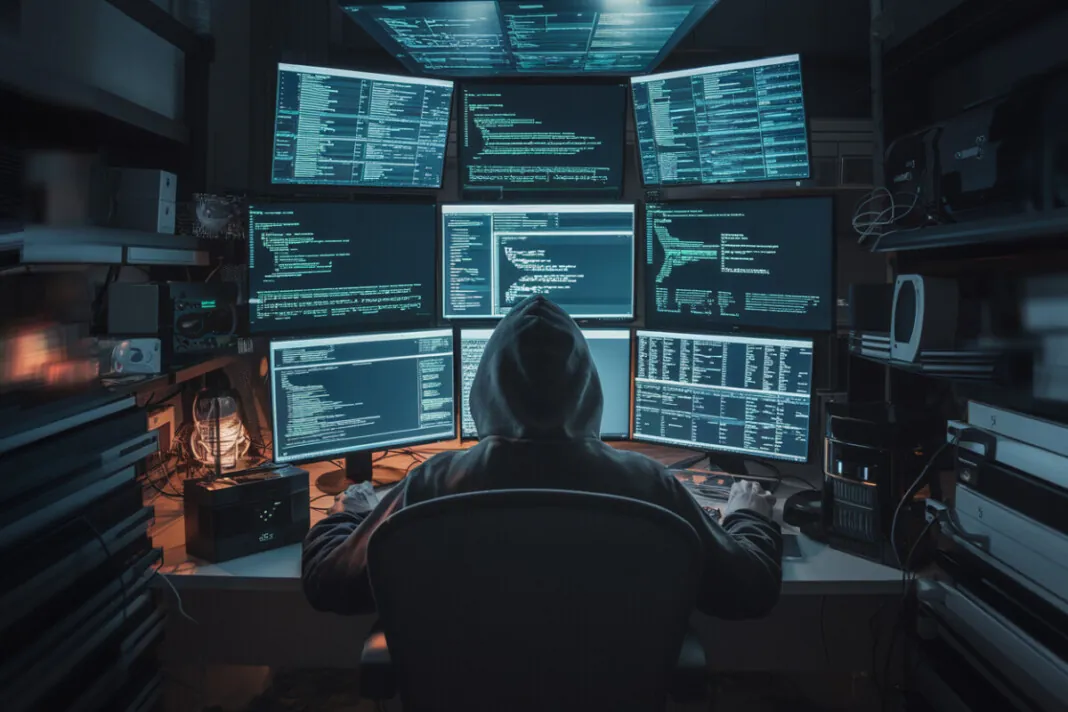 Illustration d'un hacker dans une pièce sombre avec des écrans d'ordinateur.
