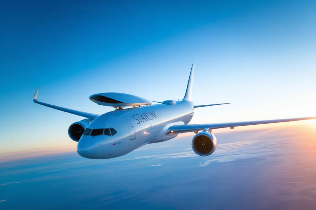 Avion commercial en vol avec antenne satellite Starlink