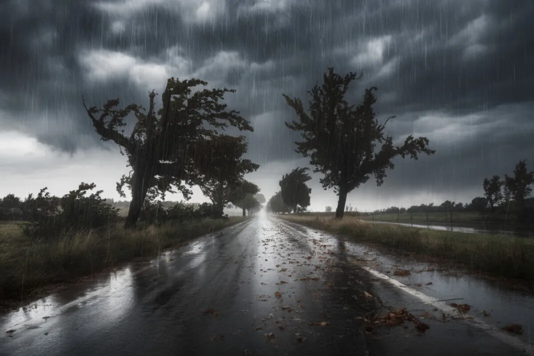Paysage de tempête en France avec ciel nuageux et arbres pliés par le vent