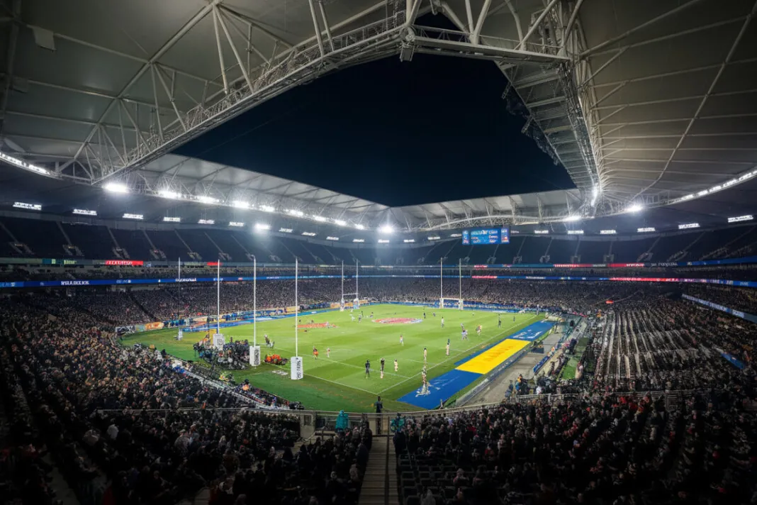 Un match de rugby intense dans un grand stade