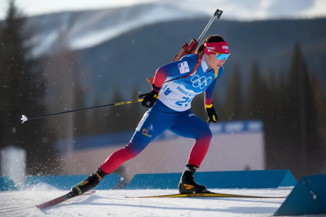 Biathlète en pleine course avec fusil, JO 2026