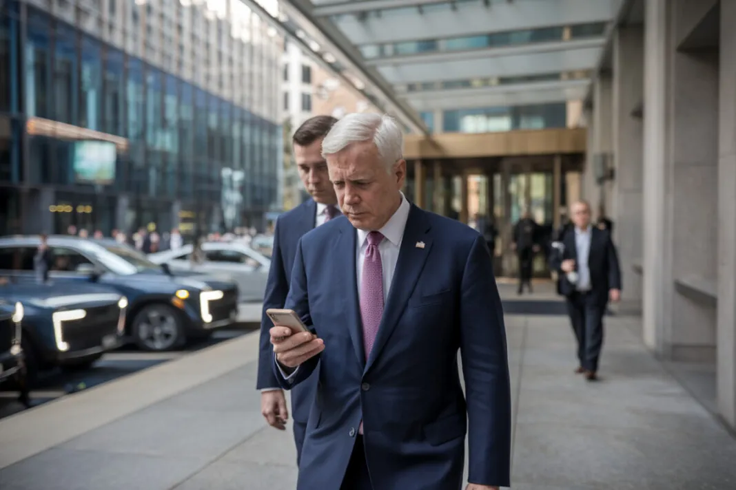 Un responsable américain consulte son téléphone devant un bâtiment fédéral