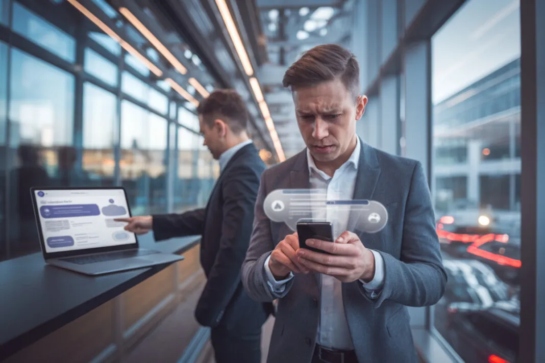 Un fonctionnaire consulte une alerte de sécurité sur smartphone au bureau