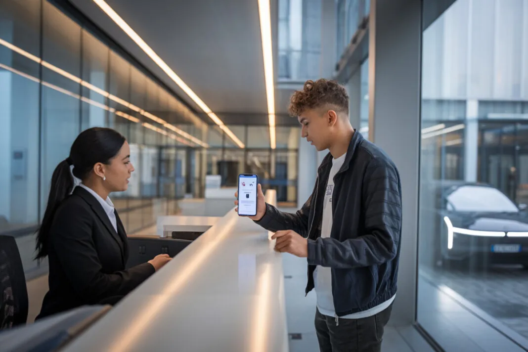 Étudiants au guichet consultent une alerte de cybersécurité sur smartphone
