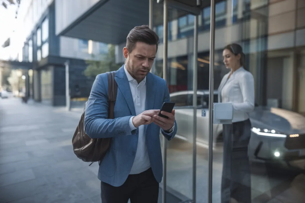 Un patient consulte un message sur smartphone devant un laboratoire d’analyses
