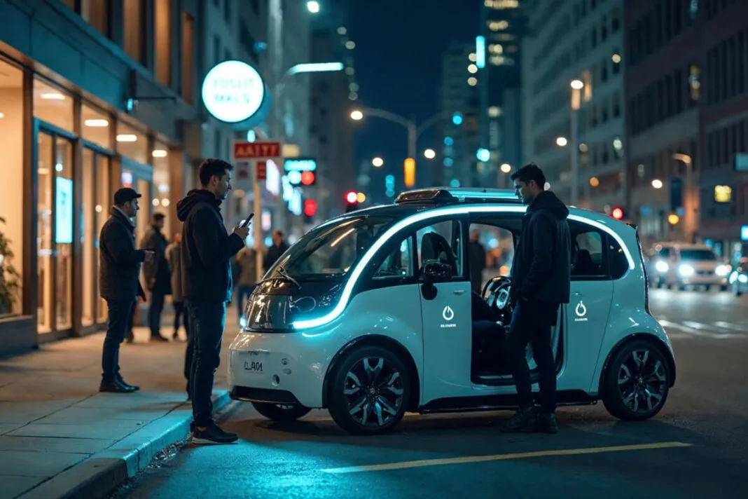 Un robotaxi électrique deux places prend un passager en ville