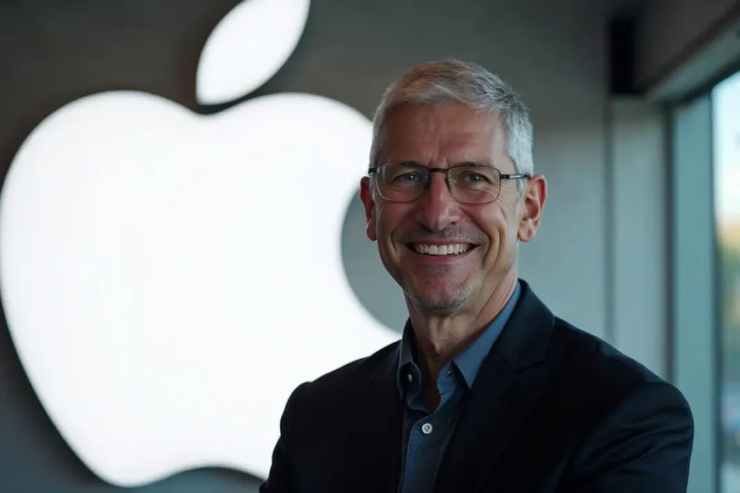 Portrait de Tim Cook, PDG d'Apple, devant un logo Apple