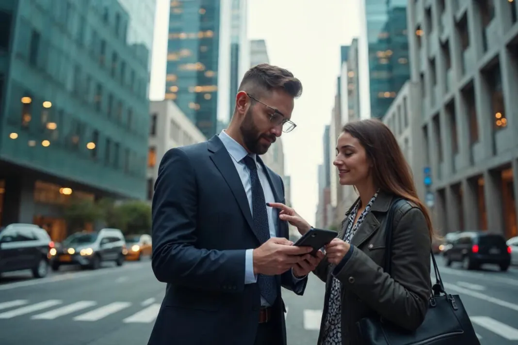 Deux investisseurs consultent des cours boursiers sur smartphone en ville