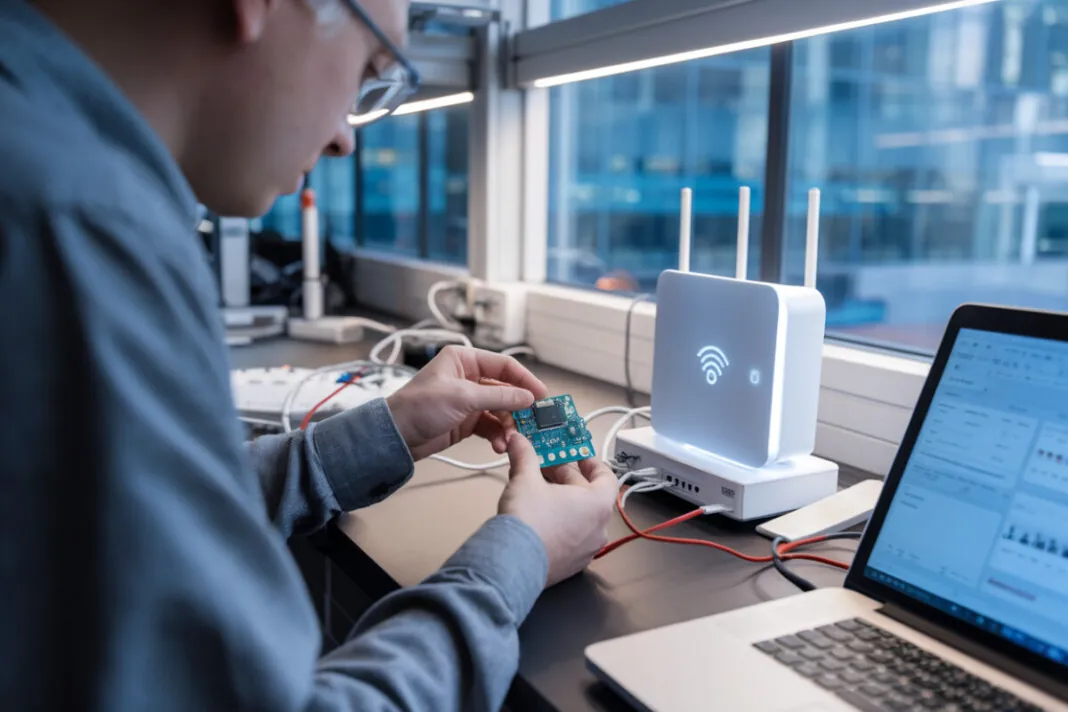 Un ingénieur teste une carte IoT Wi‑Fi 7 en laboratoire moderne