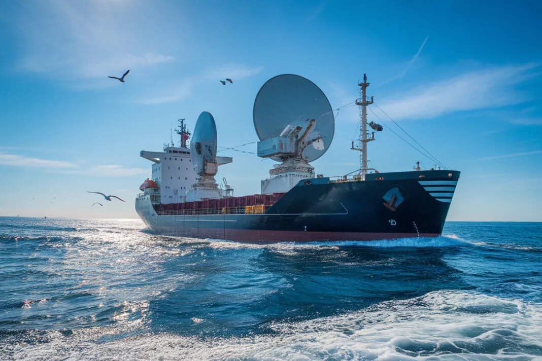 Un cargo équipé de dispositifs de communication satellite en mer
