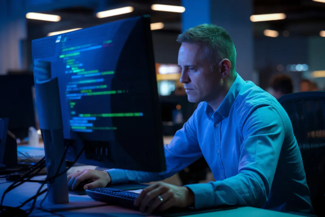 Un expert en cybersécurité examine du code sur un écran