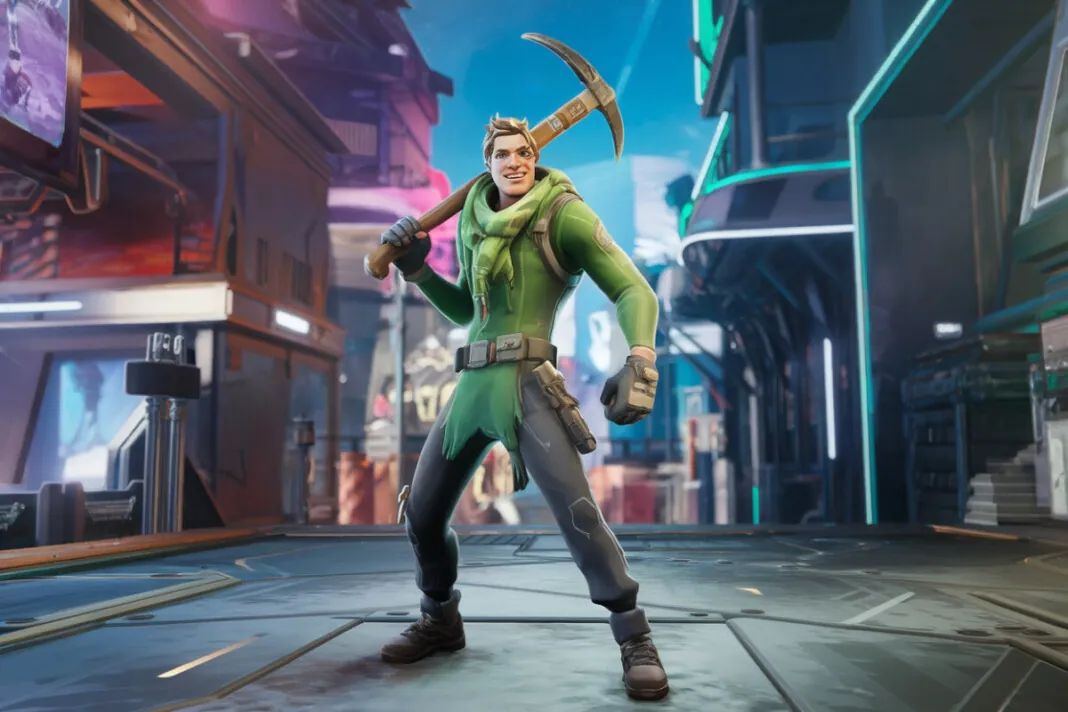 Personnage de Fortnite sur un champ de bataille numérique vibrant