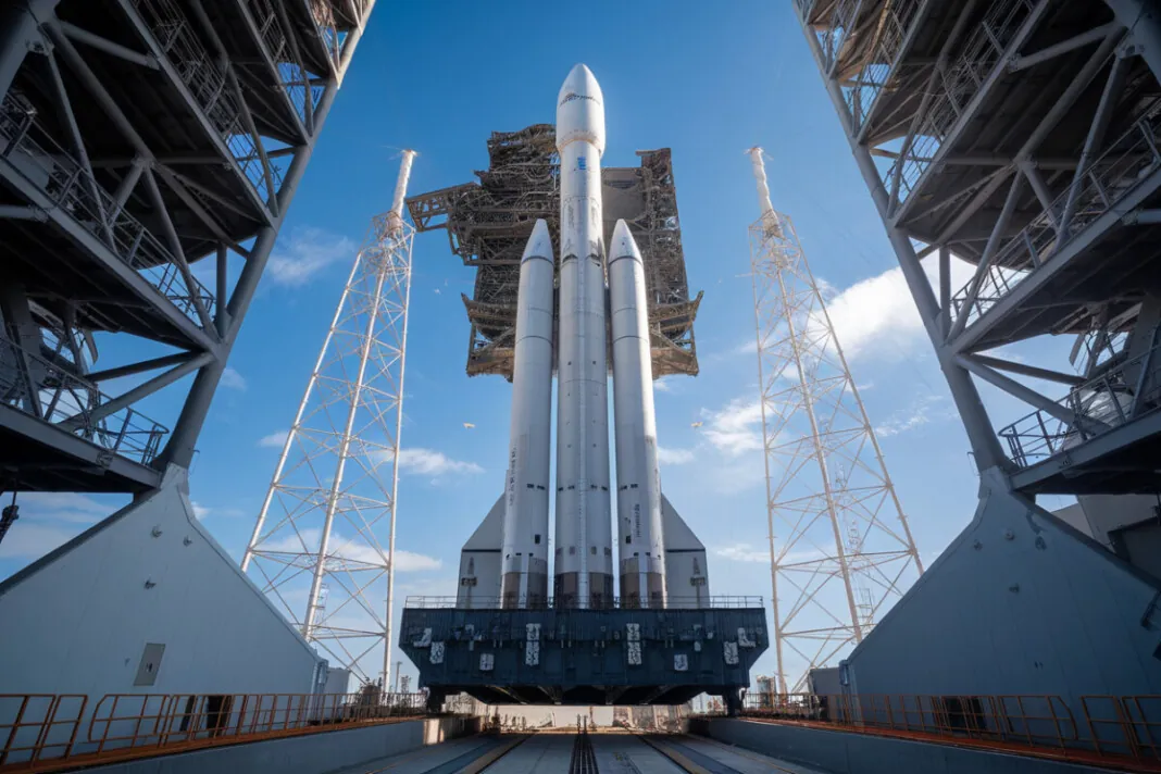 Vue de la fusée Vulcan sur son pas de tir, prête à décoller